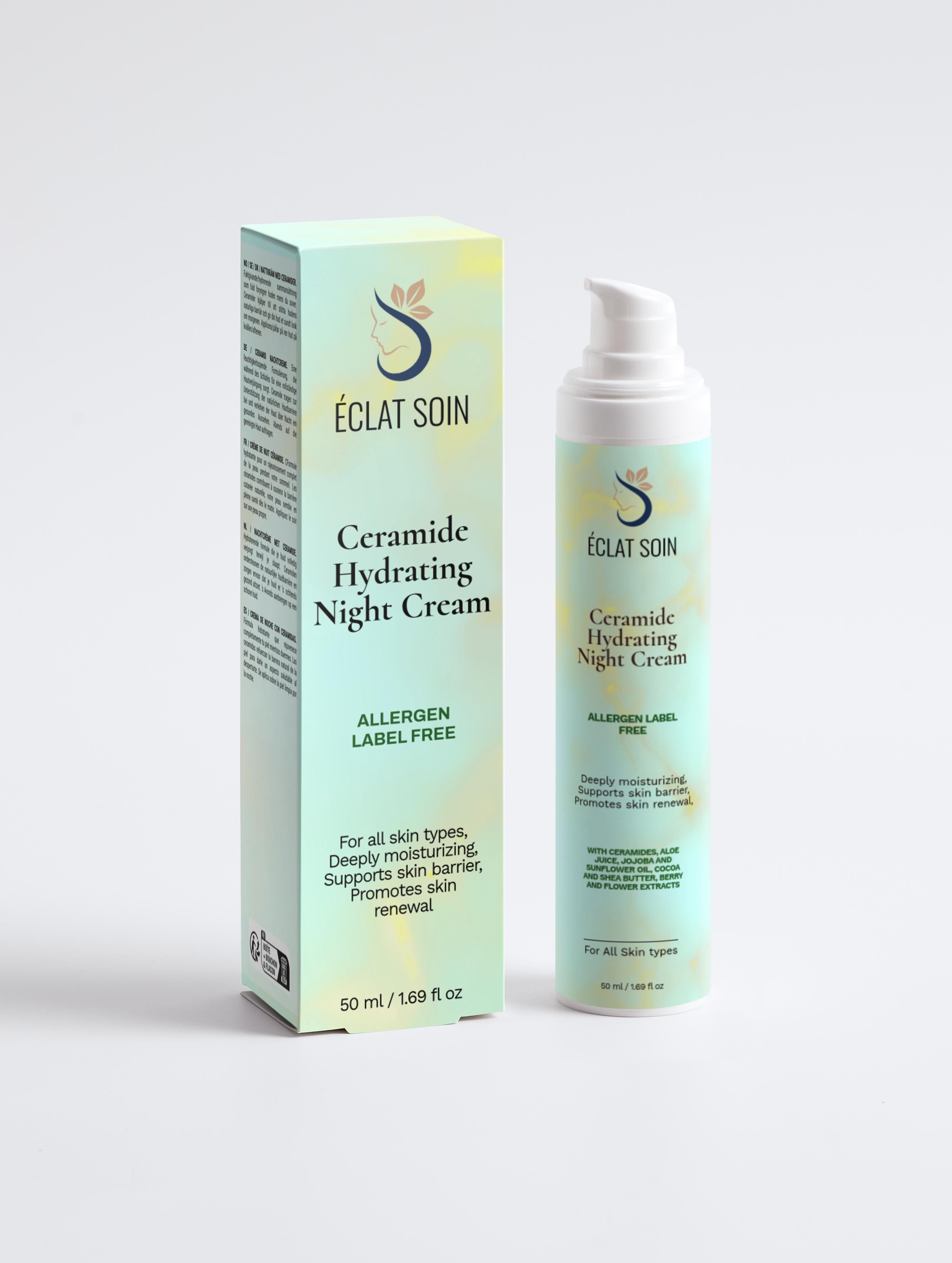 Eclat Soin Ceramide Hydrating Night Cream in a 50ml bottle for deep moisturization and skin renewal